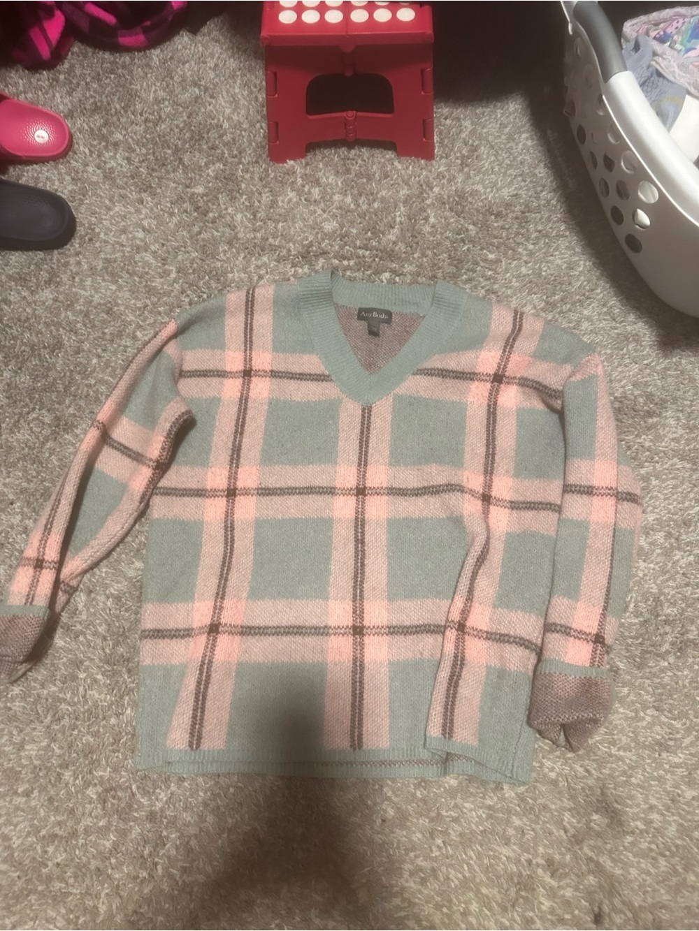 AnyBody Mint and Blush Plaid V-Neck Sweater